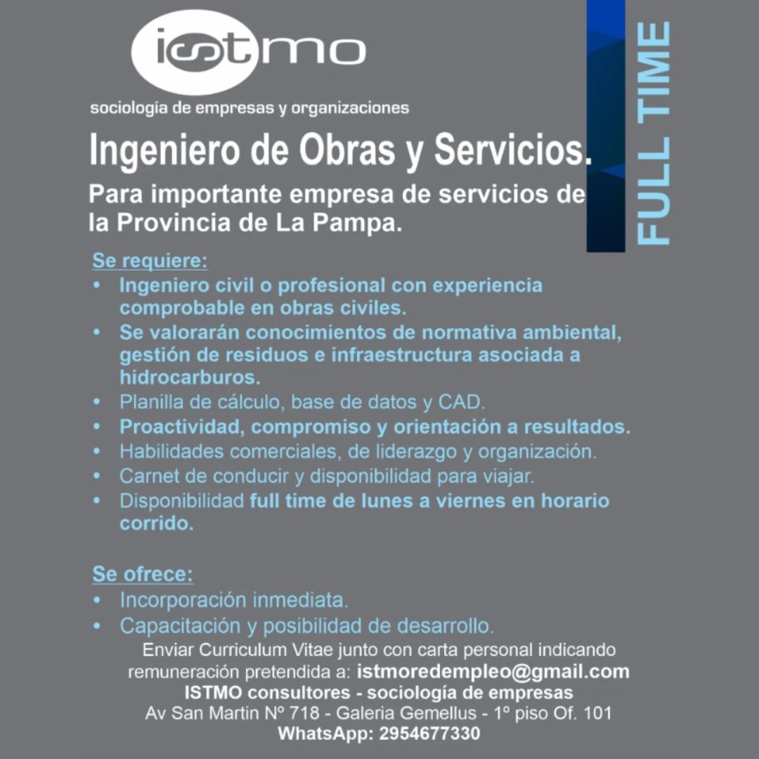 Oferta laboral - Ingeniero Obras y Servicios
