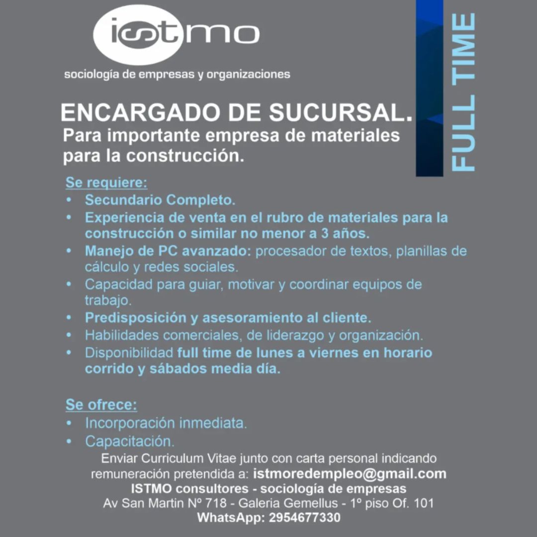 Oferta laboral - Encargado de sucursal