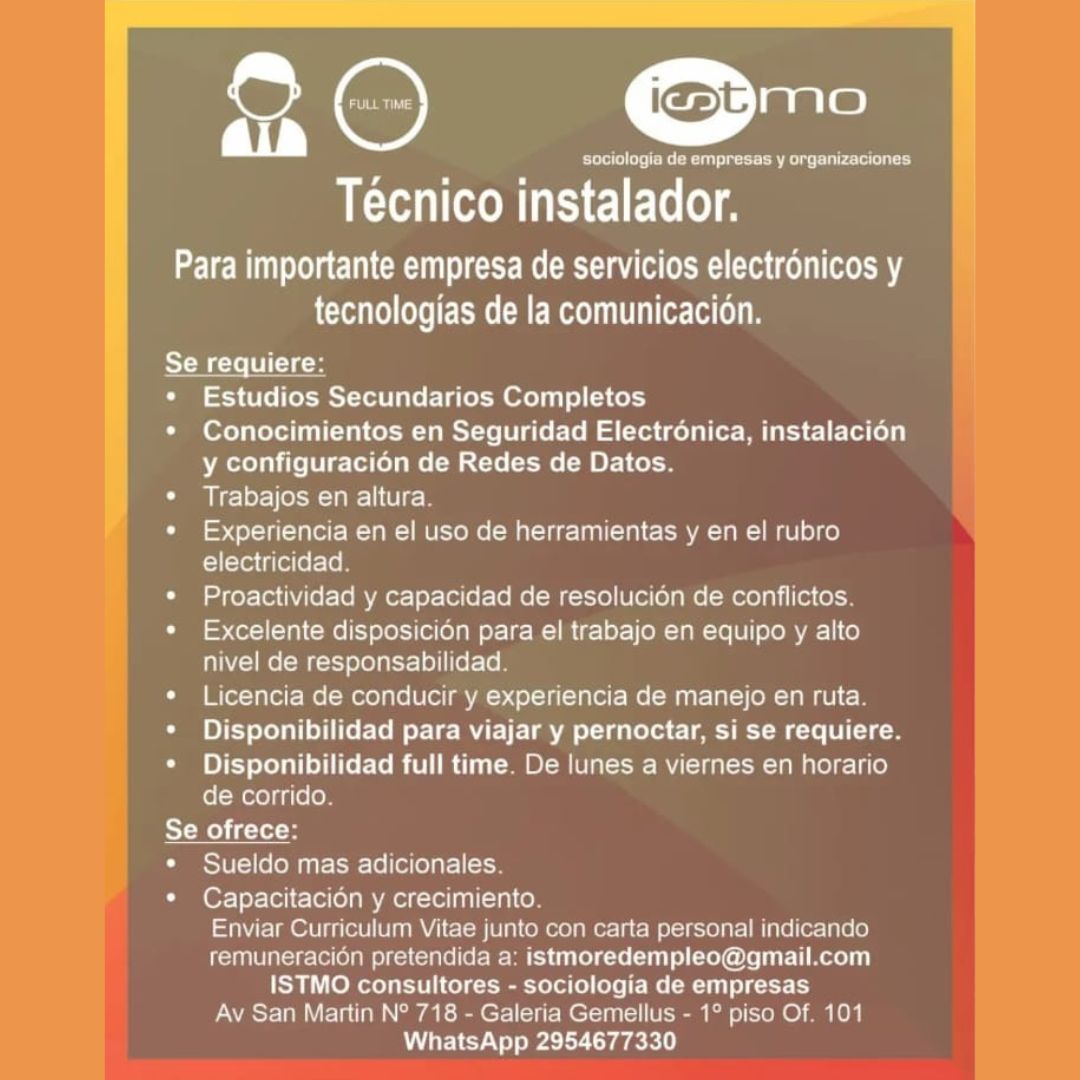 Oferta laboral - Técnico instalador